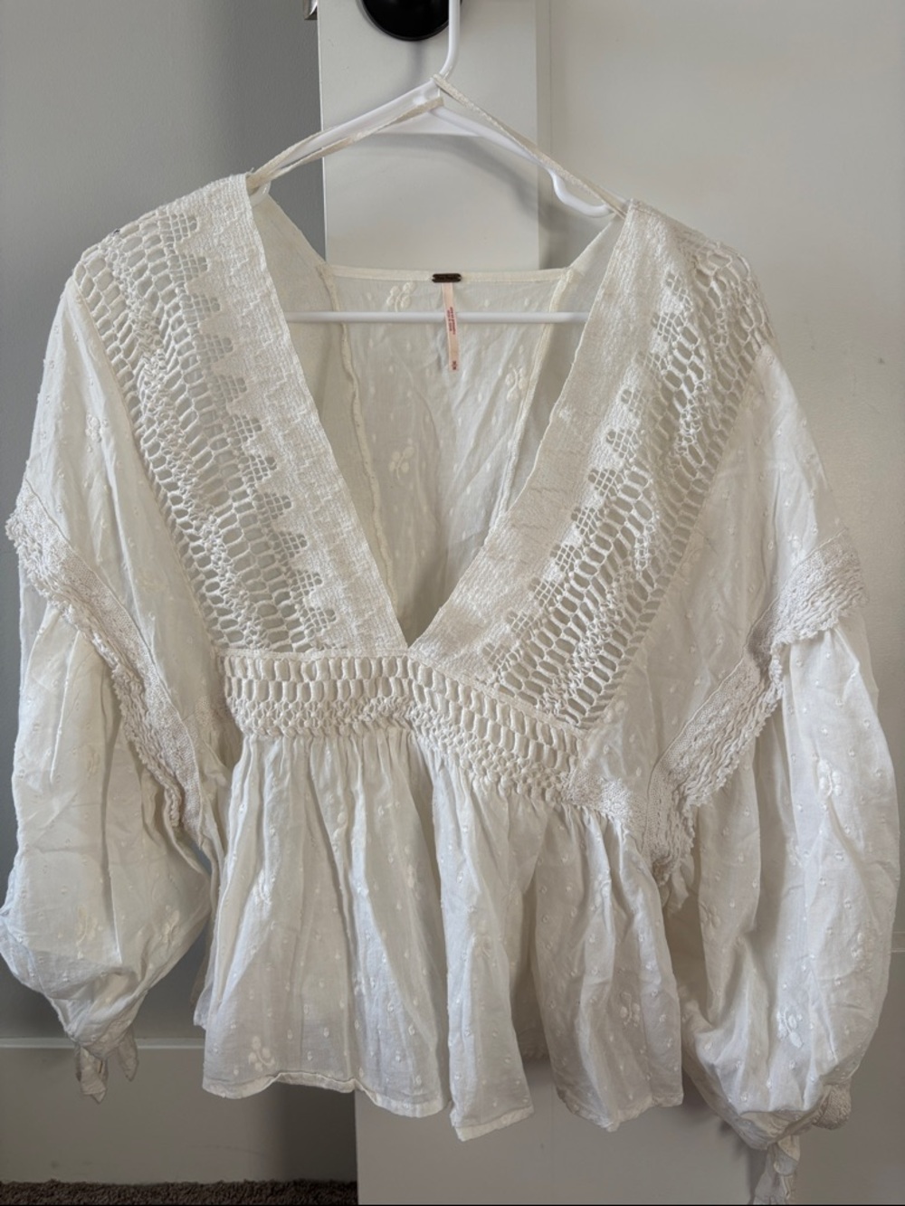 Free People Ivory Crochet V-Neck Peasant Blouse